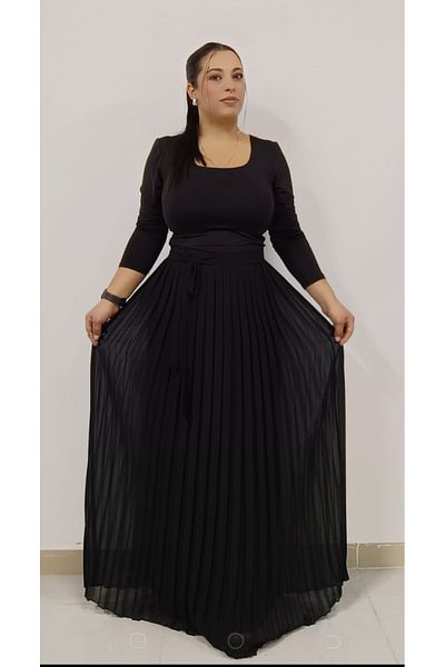AKŞEN GİYİM Plus Size Chiffon Long Skirt - Pleated, Lined, and Elastic Accordion Skirt with Waist Belt
