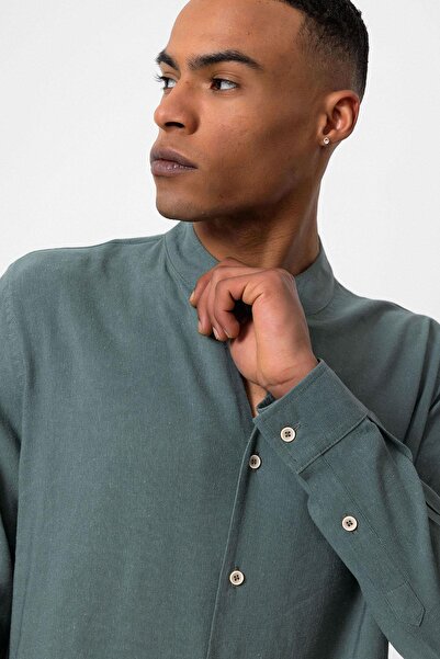 Antioch Hakim Collar Khaki Men's Shirt - Long Sleeve