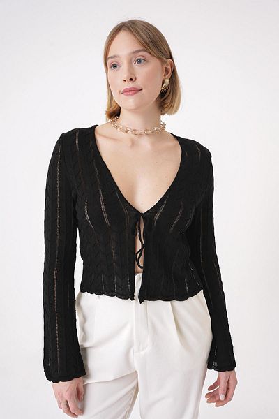 CHUBA Women's V-Neck Openwork Patterned Rope Tied Front Standard Fit Knitwear Cardigan Black 25W3008