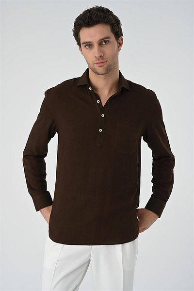 Antioch Brown Half Placket Button Closure Long Sleeve Men's Shirt
