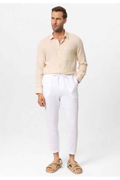 Antioch Beige Muslin Fabric Long Sleeve Men's Shirt