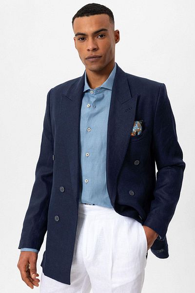 Antioch Men's Blazer Jacket - 100% Linen, Navy Blue, Double Breasted Closure
