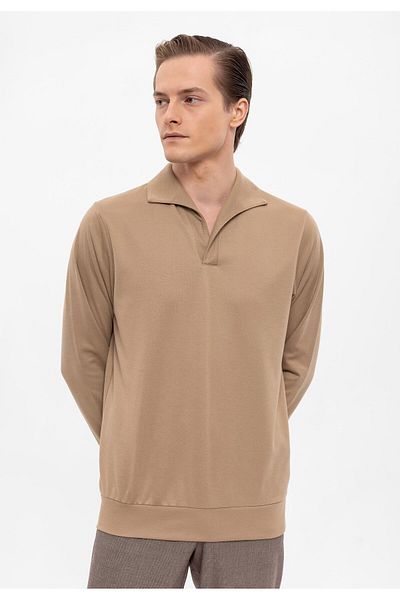 Antioch Camel Apache Collar Regular Fit Long Sleeve Sweater