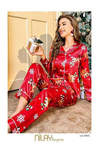 Nilay 5005 Women's Red Satin Pajamas Set - New Year Themed, Buttoned Front