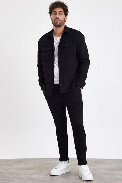 MADZEYMODA New Season Men's Trousers and Shirts 2-Piece Black Suede Set Mz0802