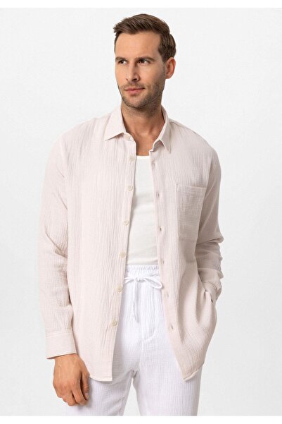 Antioch Ecru Muslin Fabric Long Sleeve Men's Shirt