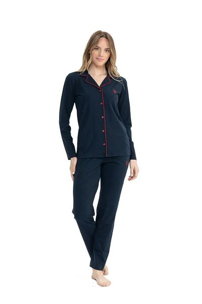 U.S. Polo Assn. BAZA. Polo Assn. 11000 - Set cămașă și pijamale bleumarin pentru femei, mâneci lungi și nasturi în față