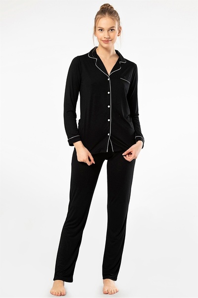 TÜREN 3368 Women's Short Sleeve Shirt Collar Pajamas Suit-Black