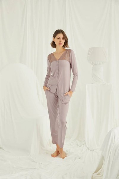 MONAMİSE Kadın Vizon Omzu Dantelli Önü Boydan Düğmeli Pijama Takımı 18434