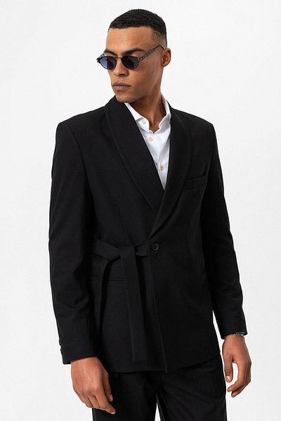 Antioch Men's Blazer Jacket - Black Double Breasted and Belted Closure