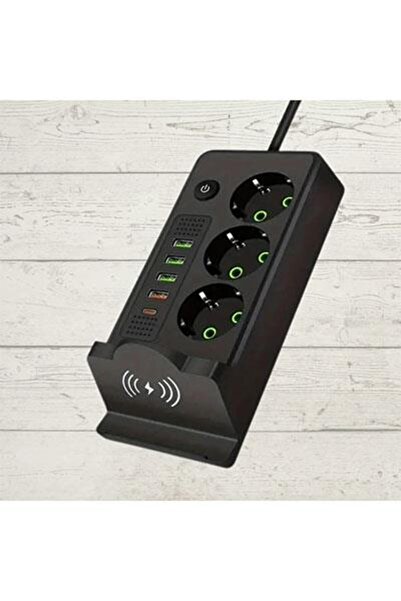 Premio 3 Lü Temassız Hızlı Şarj 4 Usb' Li 1 Typ-c Girişli Grup Priz Siyah Renk