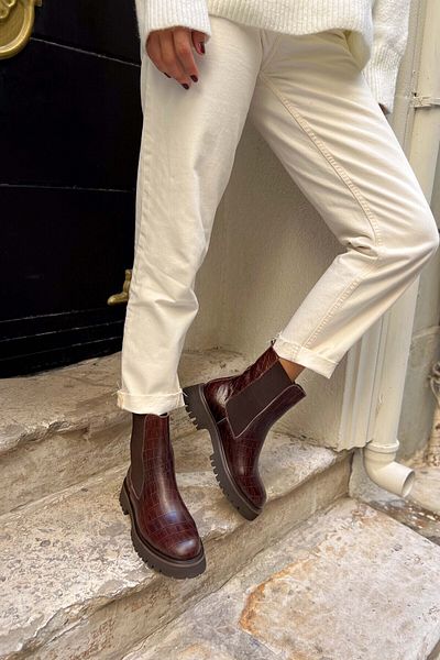 NİŞANTAŞI SHOES Lennon barna mintás - valódi bőr női csizma gumirészletekkel és vastag talppal