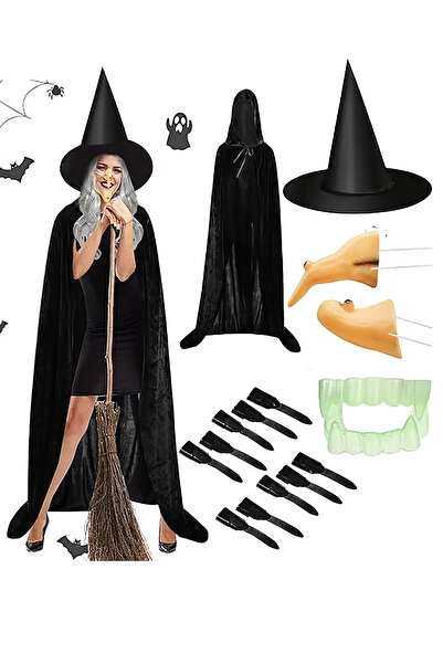 Parti dolabı Halloween 120cm Kapşonlu Pelerin Cadı Şapka+Burun+Çene+Tırnak+Diş 6 Parça Kostüm Set