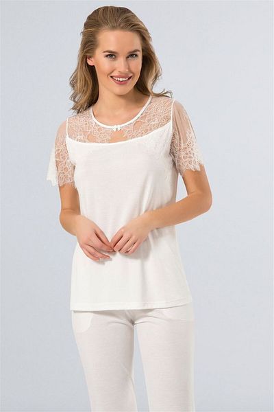TÜREN Ecru Lace Women's Pajamas - Short Sleeve, Model 3279