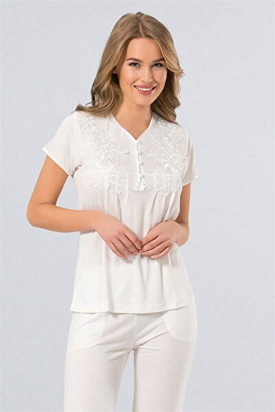TÜREN Women's Ecru Collar Buttoned Pajama Set 3236