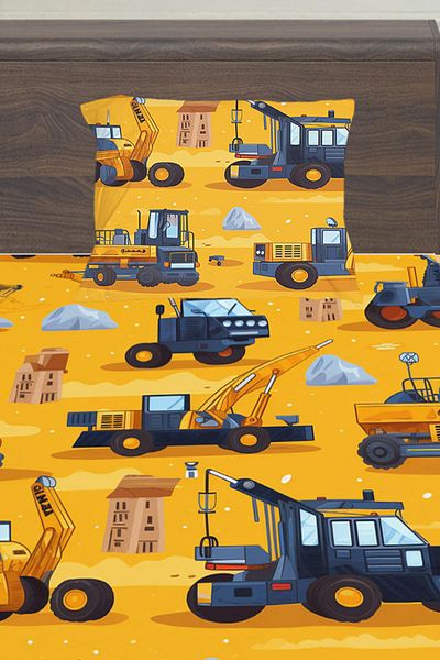 Else Halı Yellow Construction Machinery Construction Patterned Boy's Single Padded Sheet Set 100X200 cm