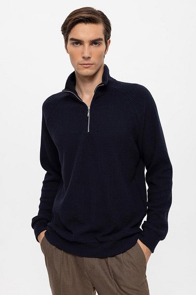Antioch Navy Blue Half Zippered Stand Collar Men's Sweater