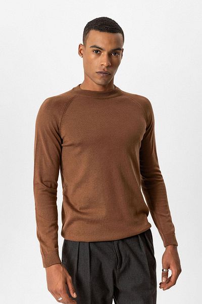 Antioch Brown Crew Neck Slim Fit Knitwear Sweater