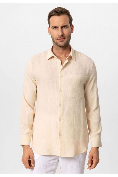 Antioch Beige Muslin Fabric Long Sleeve Men's Shirt
