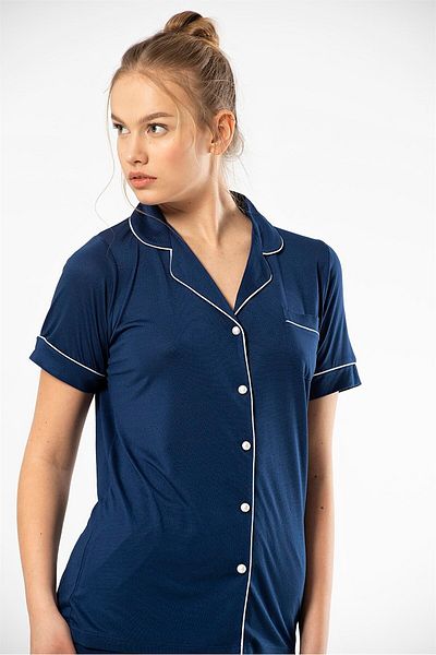 TÜREN 3368 Navy Blue Women's Straight Short Sleeve Shirt Collar Pajamas Set