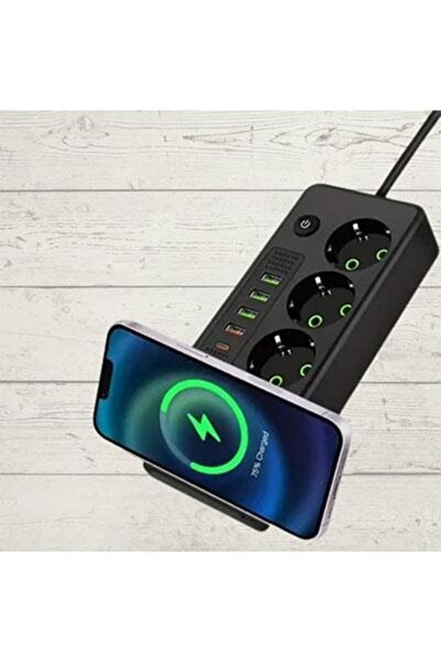 Premio 3 Lü Temassız Hızlı Şarj 4 Usb' Li 1 Typ-c Girişli Grup Priz Siyah Renk