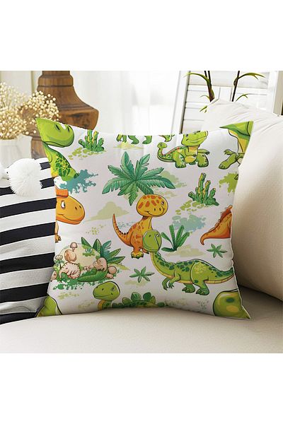 Else Halı Husă de pernă decorativă cu două fețe pentru băiat cu model de dinozauri verde portocaliu 43x43cm