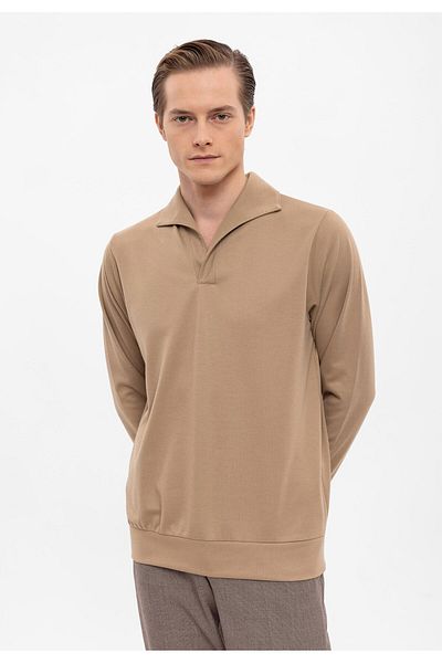 Antioch Camel Apache Collar Regular Fit Long Sleeve Sweater