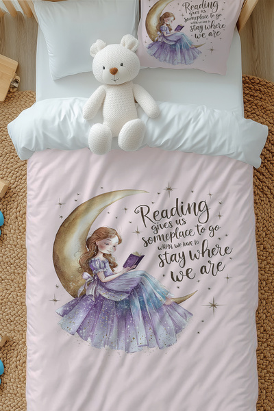 Else Halı Pembe Ayda Oturan Kız Desenli Kız Çocuk Tek Kişilik Nevresim Takımı...