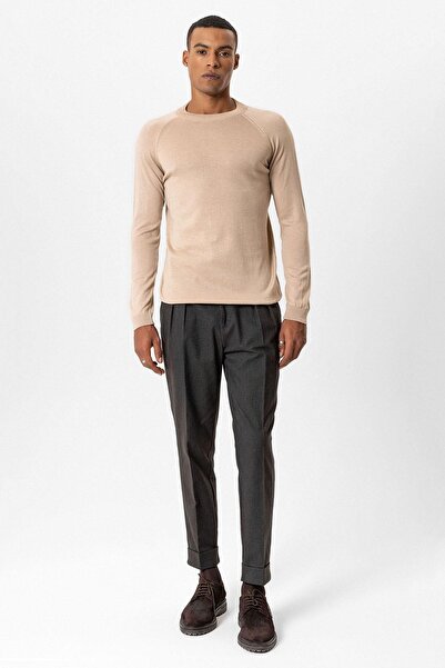 Antioch Beige Crew Neck Slim Fit Knitwear Sweater