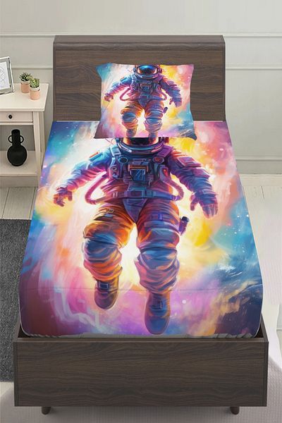 Else Halı Colorful Astronaut Space Patterned Children's Single Pillowed Sheet Set 100X200 cm