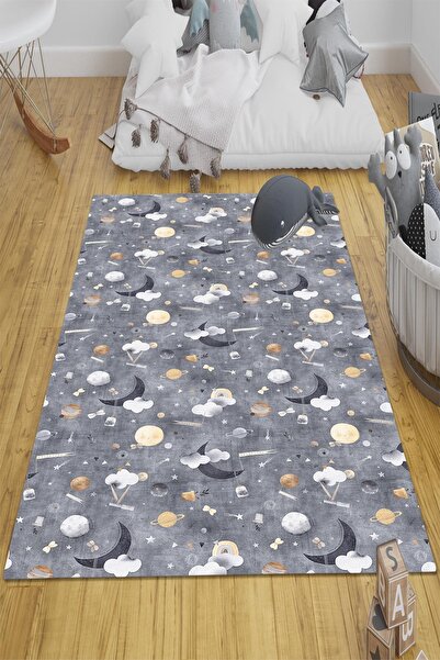 Else Halı Gri Bulutlu Ay Dede Desenli Erkek Çocuk Odası Halısı Yıkanabilir Ka...