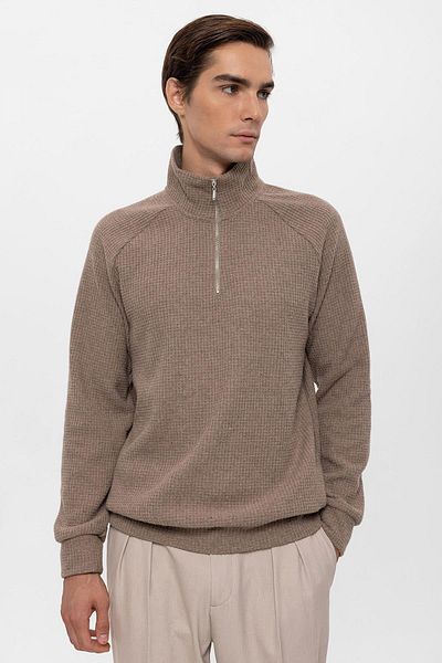 Antioch Beige Half Zippered Stand Collar Men's Sweater