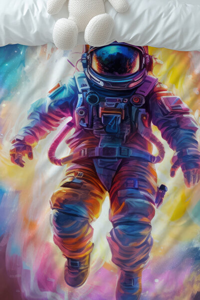 Else Halı Renkli Astranot Uzay Desenli Çocuk Tek Kişilik Nevresim Takımı Yastık Kılıflı