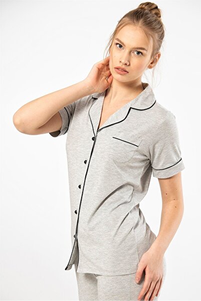 TÜREN 3368 Gray Women's Plain Short Sleeve Shirt Collar Pajamas Set