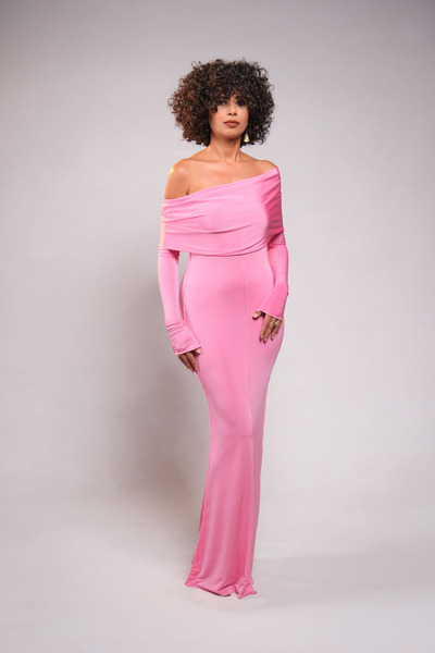 KARÇA VOGUE Night Pink Dress Düz yaka uzun balık elbise ispanyol kollu