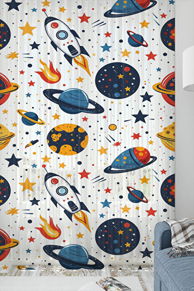 Else Halı Galaksi Yıldızlar Uzay Desenli Erkek Çocuk Odası Tül Perde 140x260cm