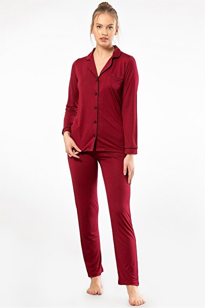 TÜREN 3365 Burgundy Women's Solid Long Sleeve Shirt Collar Pajamas Suit