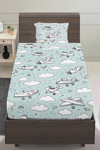 Else Halı Blue and White Airplanes Patterned Boy's Single Pillowed Bed Sheet Set 100X200 cm