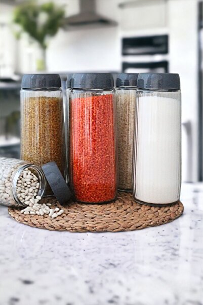 Rossel Premium Labeled Alin 6 Pieces Line Patterned Glass Jar-Storage Container 1500 ml Gray