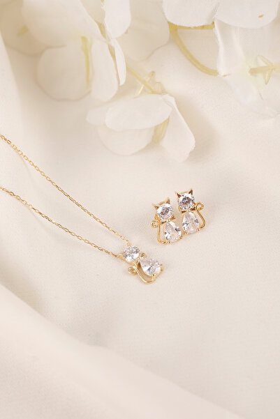 SARIASLAN 14 Ayar Altın Renginde Sosyete Kedi Kolye Küpe Seti