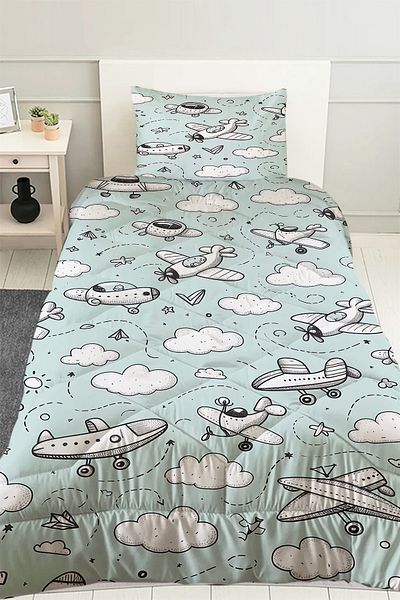 Else Halı Blue and White Airplanes Patterned Boy's Single Quilted Duvet Cover Sleeping Set