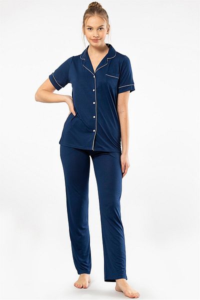 TÜREN 3368 Navy Blue Women's Straight Short Sleeve Shirt Collar Pajamas Set
