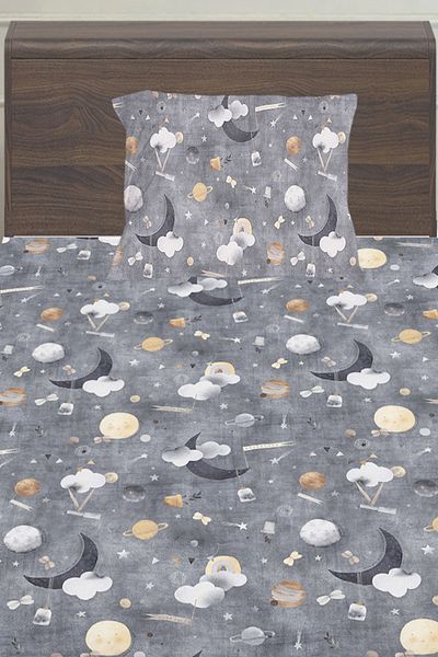 Else Halı Gray Cloudy Moon Grandpa Patterned Boy's Single Pillowed Bed Sheet Set 100X200 cm