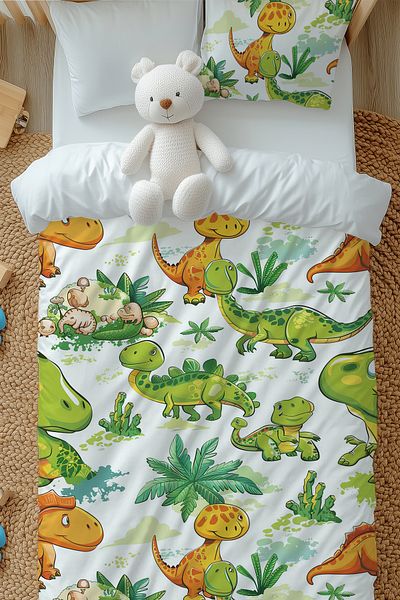 Else Halı Set de lenjerie de pat pentru băiat cu model de dinozauri verde portocaliu cu husă de pernă