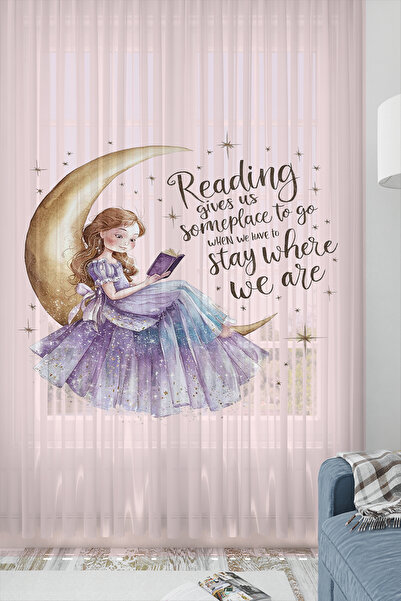 Else Halı Pembe Ayda Oturan Kız Desenli Kız Çocuk Odası Tül Perde 140x260cm