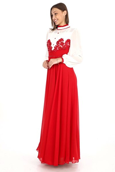 lodmela Κόκκινο βραδινό φόρεμα 2702 - Κεντημένο με δαντέλα στο στήθος