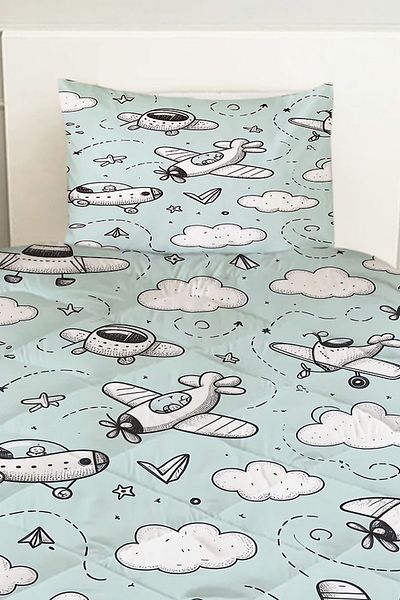 Else Halı Blue and White Airplanes Patterned Boy's Single Quilted Duvet Cover Sleeping Set