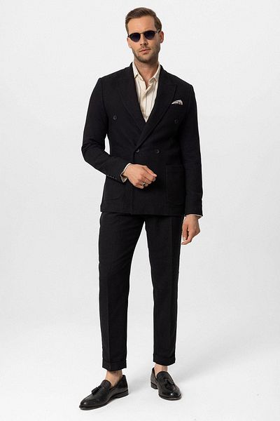 Antioch Linen Blended Black Double Breasted Men's Blazer Jacket