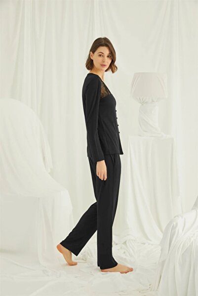 MONAMİSE Women'S, Lace on the Neck and Shoulders, Buttoned Front, Black Pajama Set