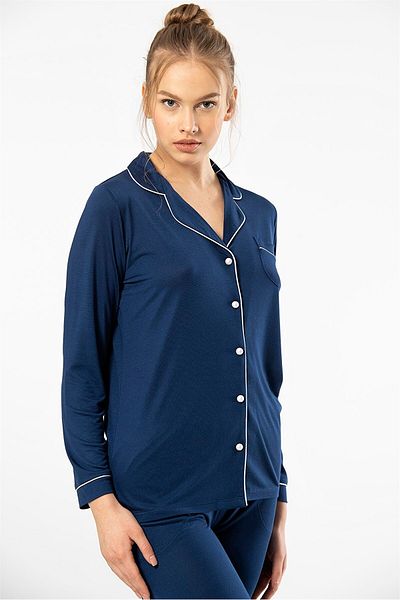 TÜREN 3365 Navy Blue Women's Straight Long Sleeve Shirt Collar Pajamas Set